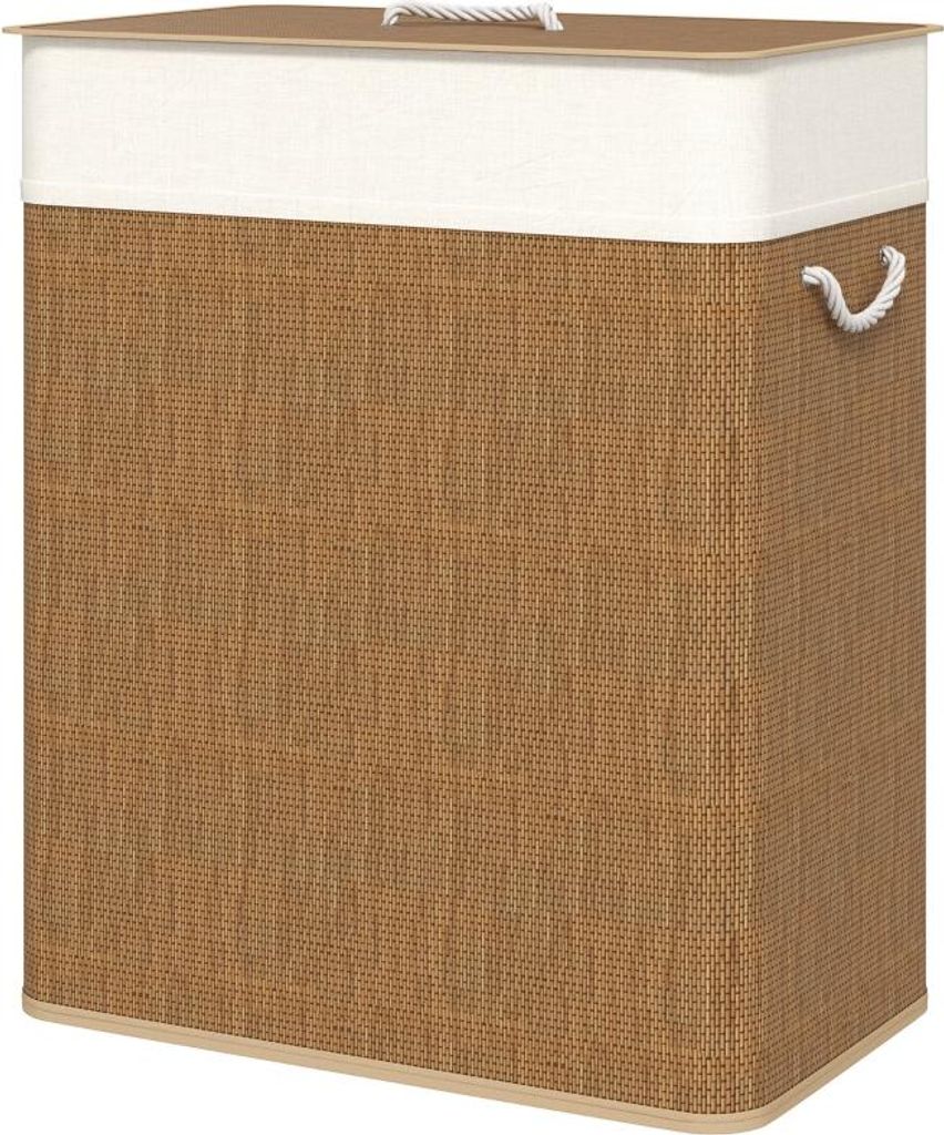 Fortuna Lai Bambus Wäschekorb mit Deckel 100 L Wäschesammler mit Seilgriffen, herausnehmbarer Wäschesack, Laundry Baskets Wäschesortierer für ...