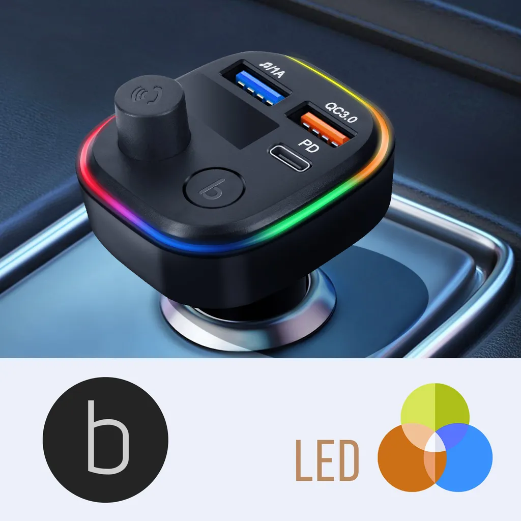 Adattatore Bluetooth Auto Con Caricatore QC3.0 E Type-C PD - 7 Colori LED, Vivavoce, Trasmettitore FM E Voltmetro