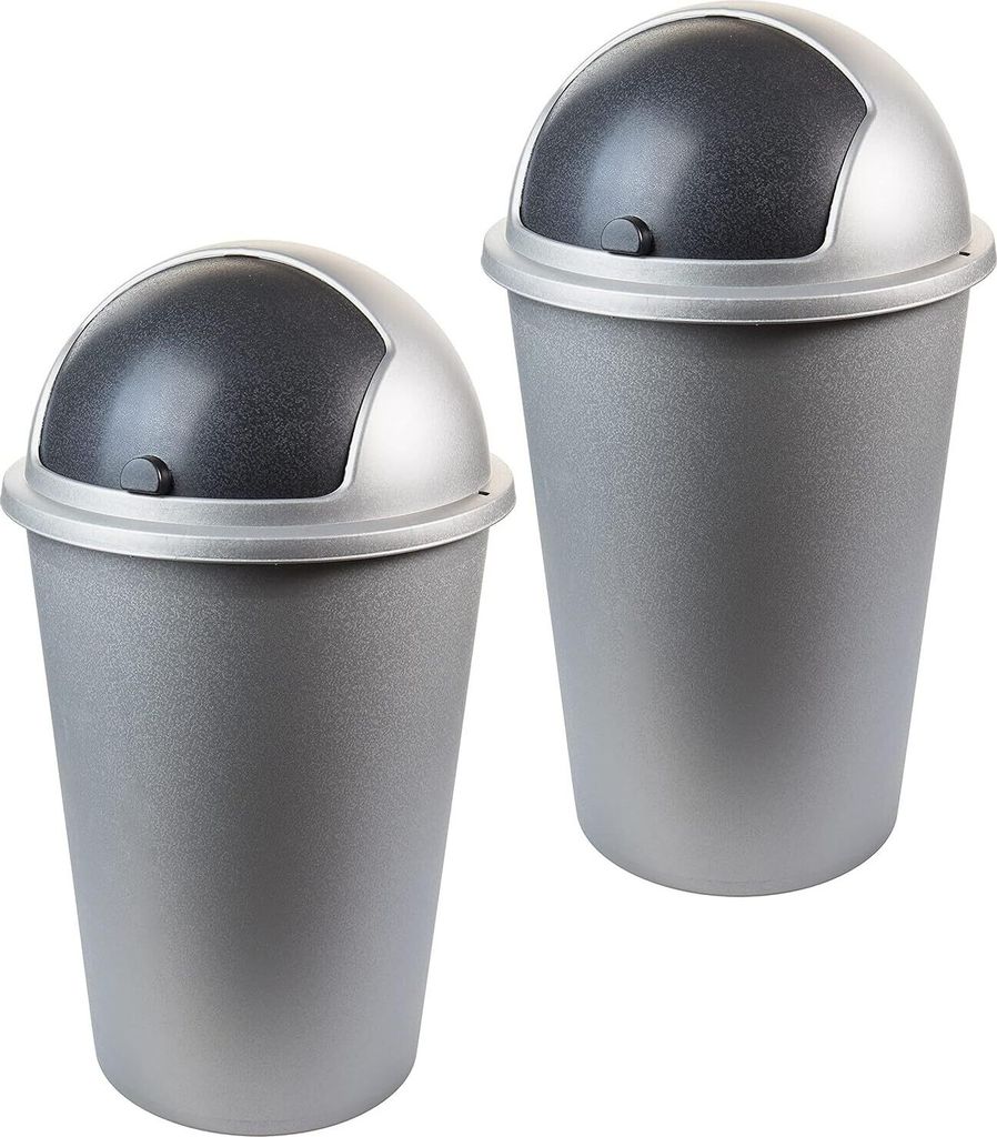 2er Set Mülleimer 50 Liter Abfalleimer mit schwarzem Schiebedeckel Kunststoff silber/schwarz