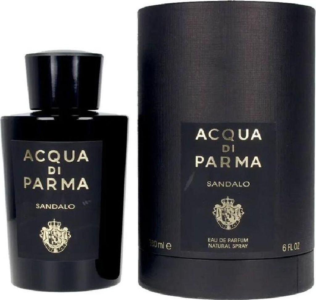 A black bottle of Acqua di Parma Sandalo Eau de Parfum and its cylindrical packaging are displayed against a white background.