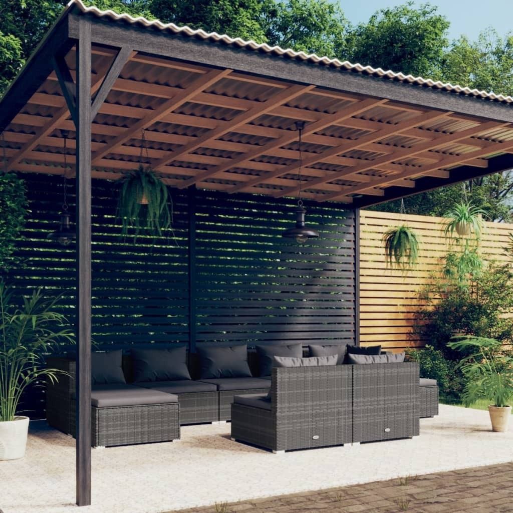 Möbel 9-tlg. Garten-Lounge-Set mit Kissen Grau Poly Rattan - Gartenmöbelgarnituren 3102005