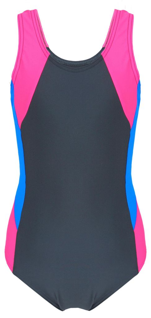 Aquarti Mädchen Badeanzug mit Ringerrücken, Farbe: Graphit / Blau / Pink, Größe: 134