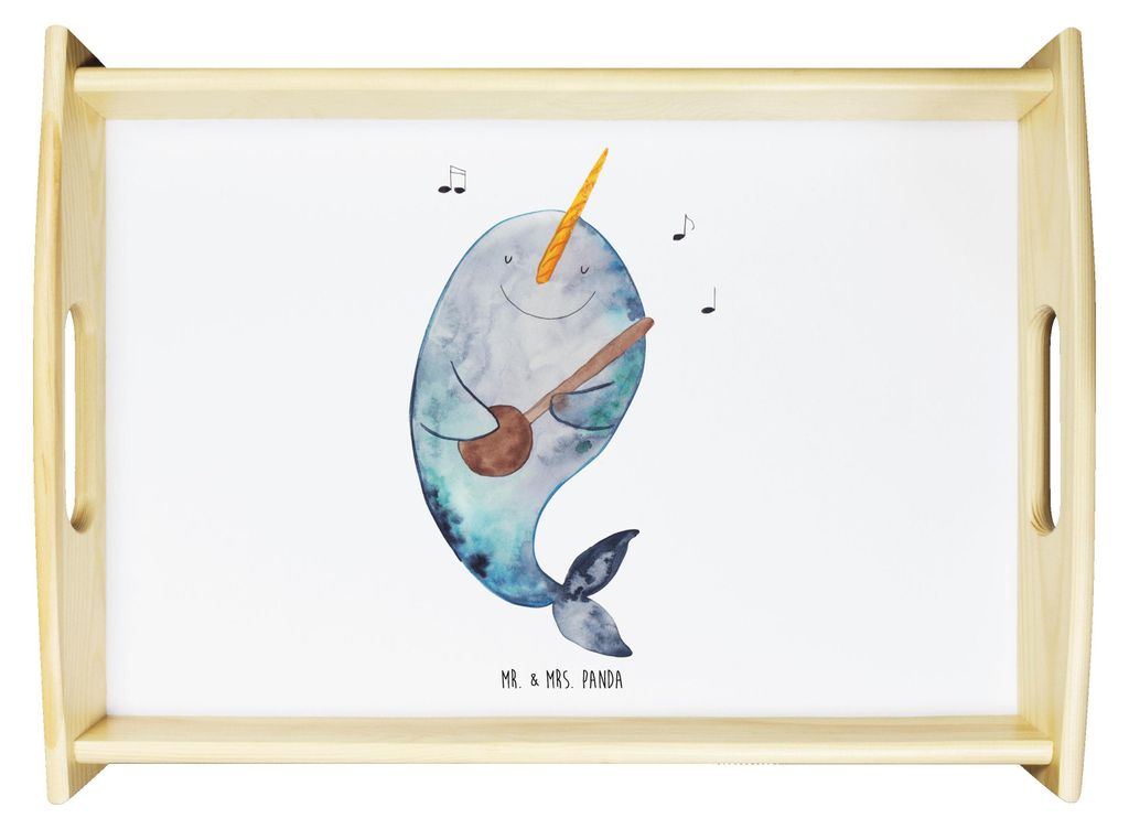 Mr. & Mrs. Panda Dekotablett Narwal Gitarre - Weiß - Geschenk, tablett für bett, Deko, Wal, Meer, Serviertablett, Tanzen, Probleme, Holztablett, ...
