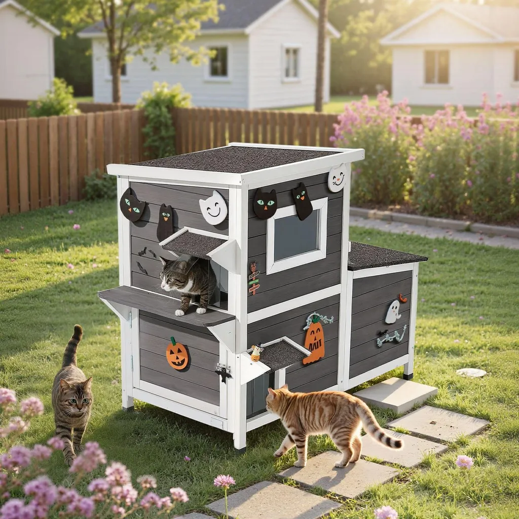 Abri pour chats de jardin - Maison bois 2 niveaux pour chats d'extérieur - 8
