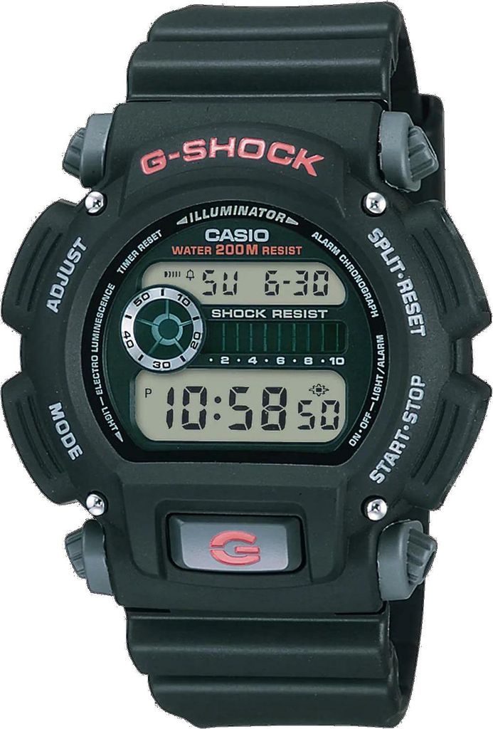 A close-up studio shot of a black Casio G-Shock watch against a white background.