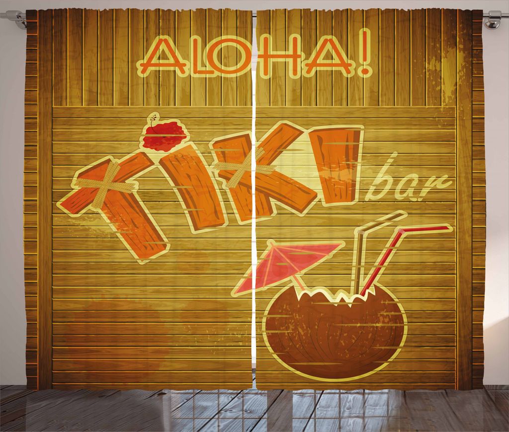 ABAKUHAUS Tiki Bar Rustikaler Vorhang, Holz Plank Aloha, Wohnzimmer Universalband Gardinen mit Schlaufen und Haken, 280 x 245 cm, Brown Orange Pink