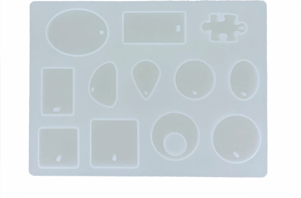 Silikon Gießform Schmuck-Design 12 geometrische Formen mit Ösen-Aussparung für Epoxidharz 11,3 x 15,5 x 0,8 cm