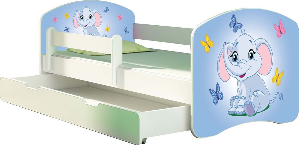 ACMA Jugendbett Kinderbett Junior-Bett Komplett-Set mit Matratze Lattenrost und Rausfallschutz Weiß 26 Elefant 160x80 + Bettkasten