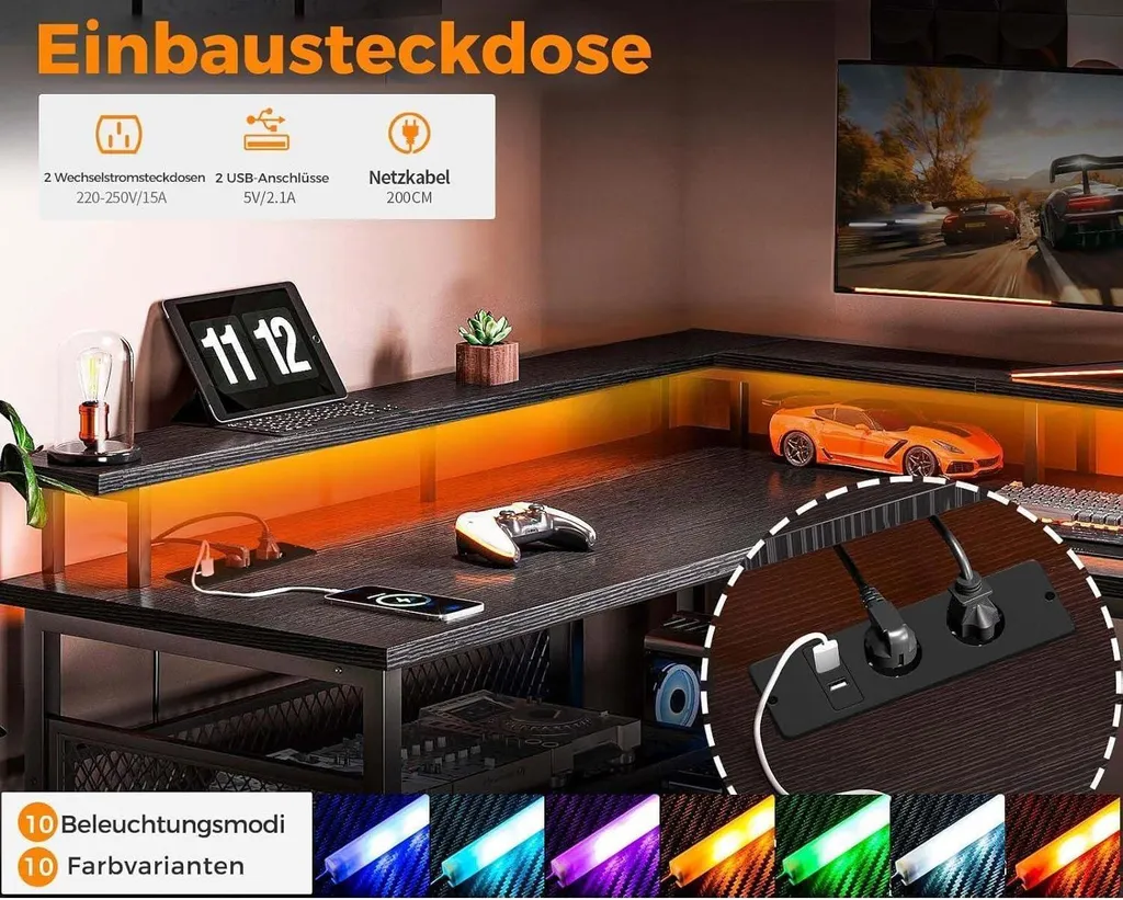 Bureau de gaming d'angle ODK grand format avec connecteurs USB - 4