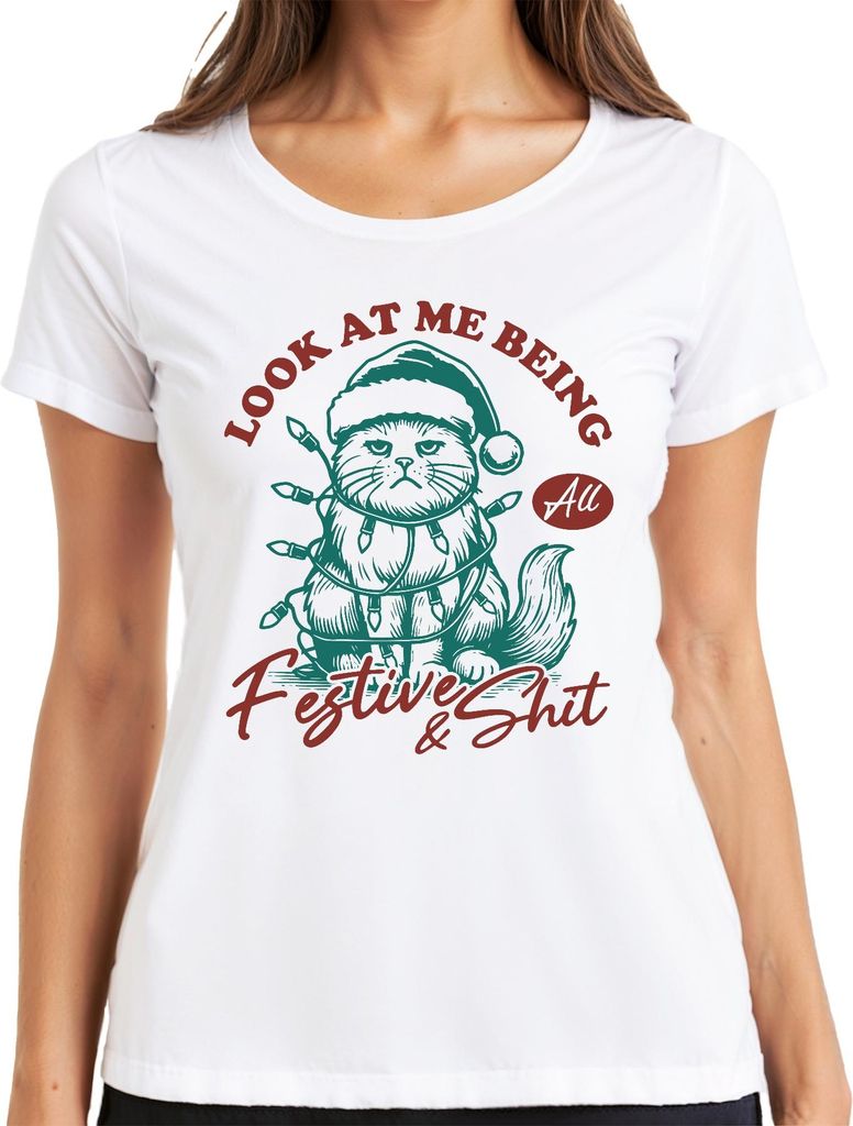 Look At Me Being All Festive And Shit Grumpy Cat Weihnachten Damen T-Shirt, Weiß, XL