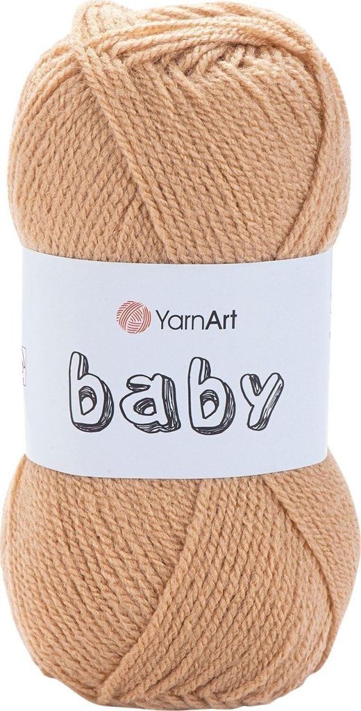 A ball of beige yarn with a white label.