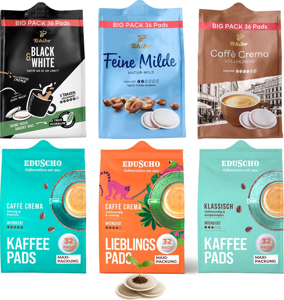 Tchibo Eduscho Kaffeepadmix Probierset Vielfaltspaket, Feine Milde, BLACK&WHITE, Caffè Crema, Lieblingspads & Klassisch, 204 Stück – 3x 36 Pads...