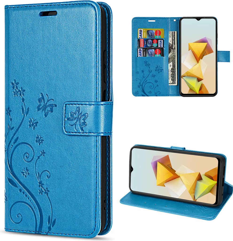 A collage of images showing a blue flip phone case with a floral and butterfly design, including a view of the case open with cards and cash inserted, and a view of the case folded to act as a stand for a phone.