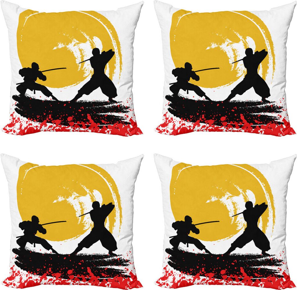 ABAKUHAUS japanisch Kissenbezug Set (4 Stück), Aquarell-Stil Ninja, Moderner Doppelseitiger Digitaldruck, 50 cm x 50 cm, Vermilion Senf