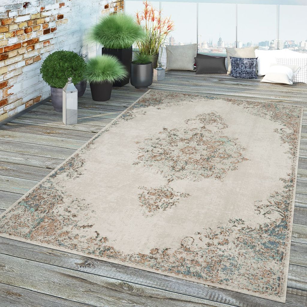 TT Home In-& Outdoor Teppich Küche Wohnzimmer Wetterfest Balkon Vintage Design Abstrakt Größe 160 cm Rund