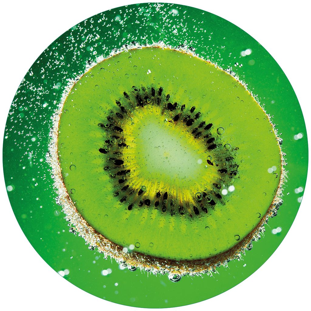 Wallario Premium Glasbild, freischwebende Optik, kräftige Farben, rund 50cm Durchmesser, Motiv Grüne Kiwi-Scheibe im Wasser