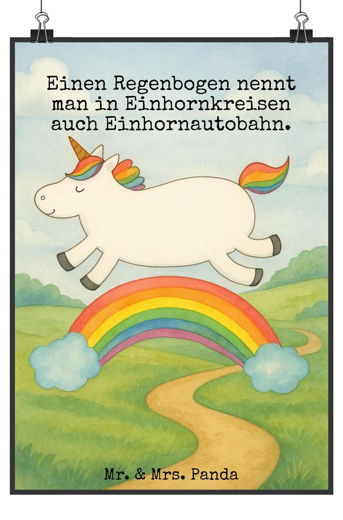 Mr. & Mrs. Panda Bild Einhorn Regenbogen Design DIN A5 - Weiß - Geschenk, Unicorn, Einhornpower, drucke, Erwachsenwerden, Plakat, wanddeko, Glitze...