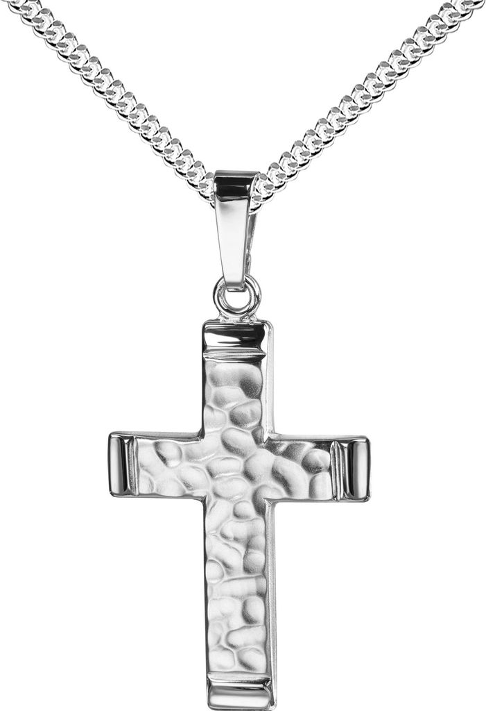 JEVELION Anhänger-Kreuz 925 Silber Hammerschlag-Optik Silberkreuz mit Halskette für Damen, Herren und Kinder als Kettenanhänger + Schmuck-Etui
