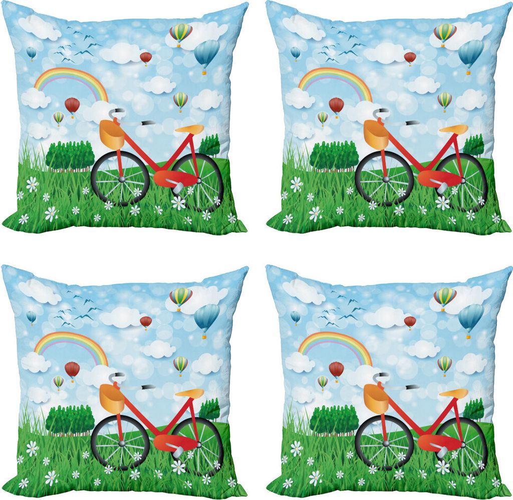 ABAKUHAUS Karikatur Kissenbezug Set (4 Stück), Frühlingslandschaft mit Bike, Moderner Doppelseitiger Digitaldruck, 50 cm x 50 cm, Mehrfarbig