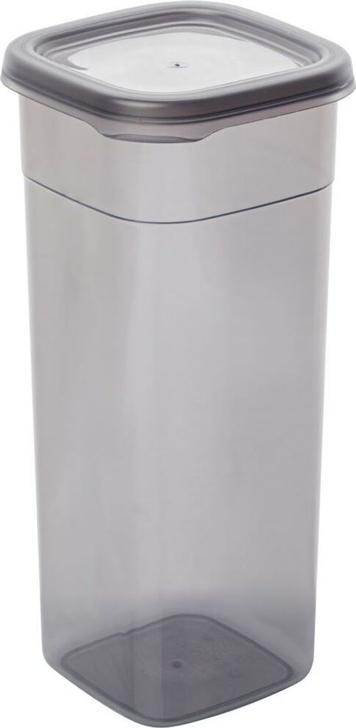 A single, empty, transparent gray plastic food storage container with a gray lid, shown from the front.