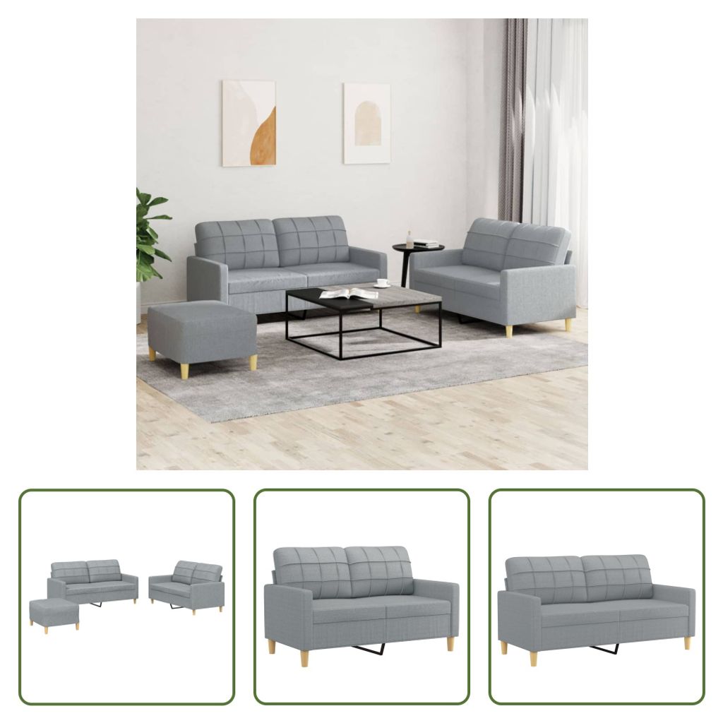 The Living Store 3-tlg. Sofagarnitur mit Kissen Hellgrau Stoff
