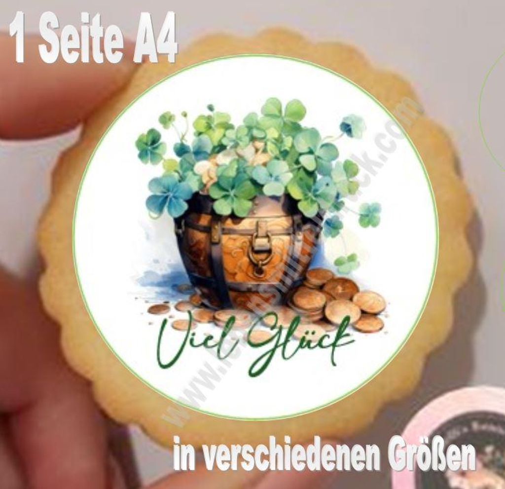 Glücksbringer Münzen und Kleeblatt im Topf Aufleger klein 1 Seite A4 für Lebkuchen, Cupcakes, Kekse, Kuchen in gewünschtem Durchmessern Oblaten...