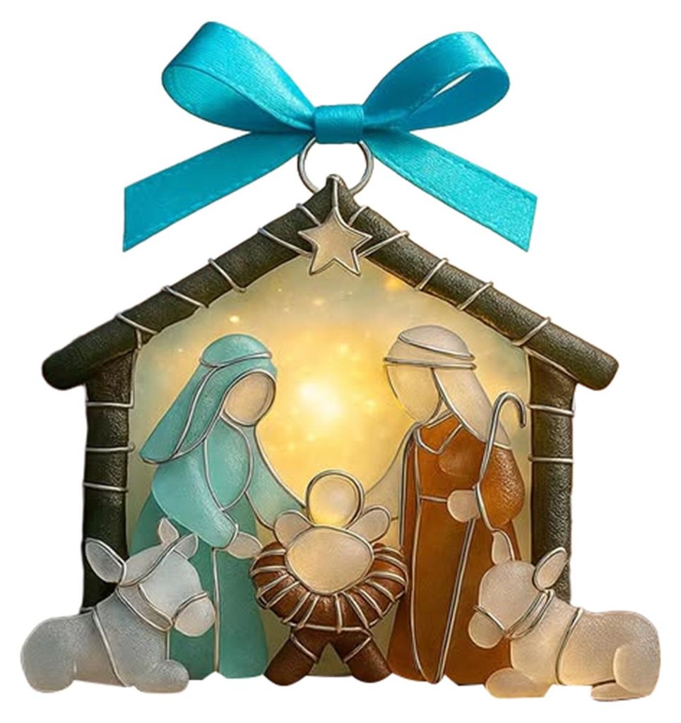 Krippenfigur aus Treibglas, 2D-Acryl-Anhänger mit Darstellung der Geburt Jesu, Weihnachtsbaumschmuck, religiöser Anhänger