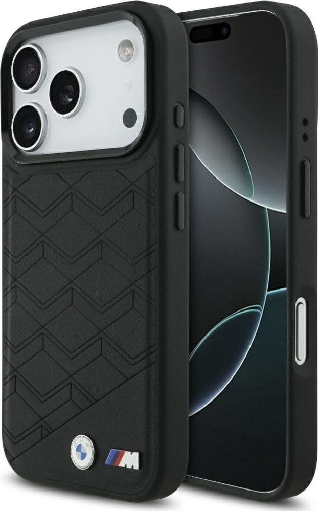 A black iPhone case with the BMW M logo is shown next to an iPhone.