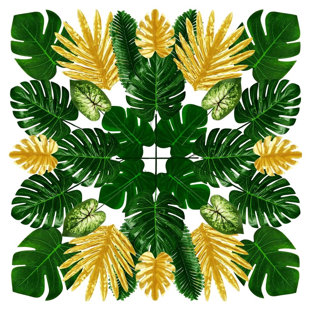 50 Stück Künstliche Monstera Pflanzenblätter, Tropische Blätter für Dekorationen, Palmblätter mit Stielen für Dschungel- und Strandpartys