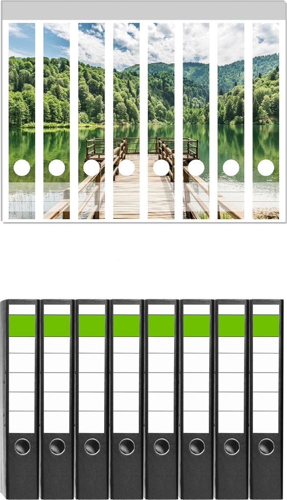 Wallario 8 Stück schmale Ordner inkl. Klebeetiketten mit Motive Steg am See in den Bergen - Set mit Rückenschildern / Ordnerrücken Stickern