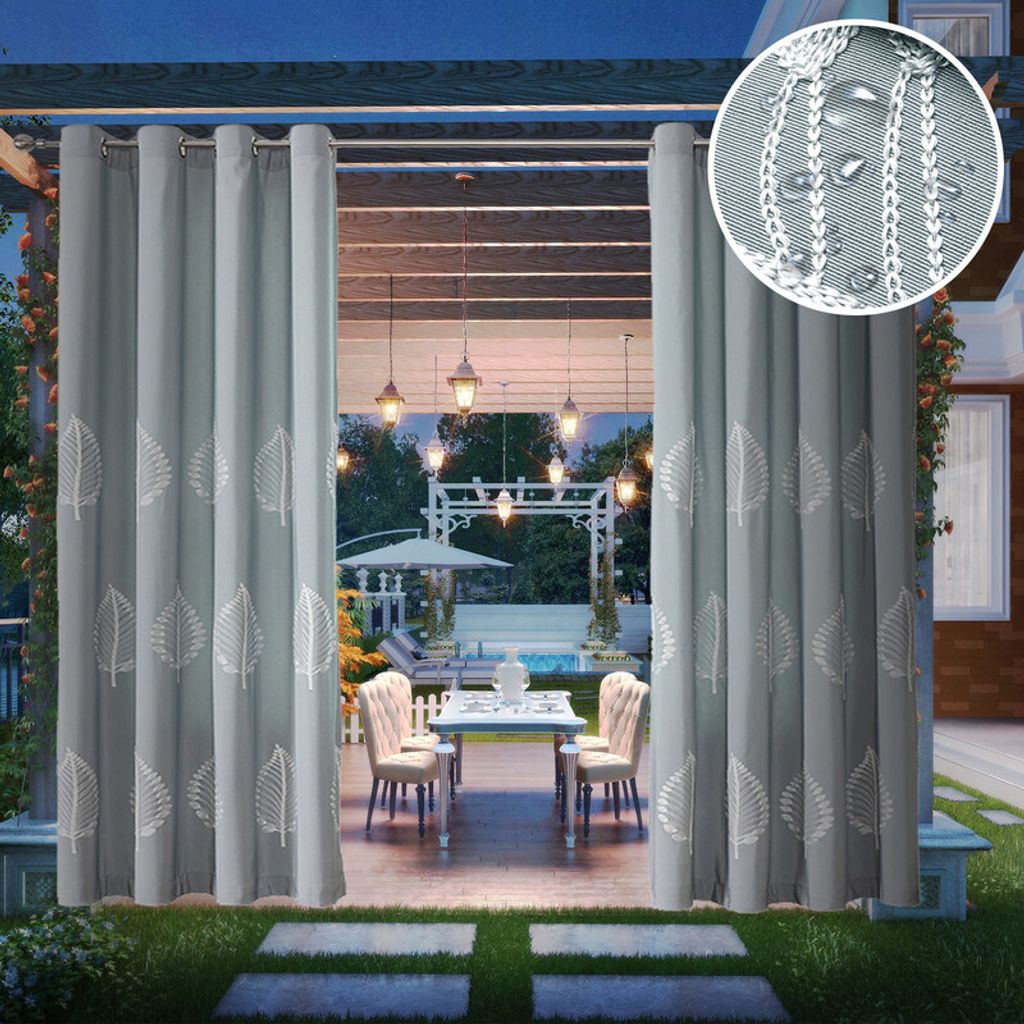 254*240cm Outdoor Wasserdicht Vorhänge mit Ösen Blätter Stickerei, Winddicht Blickdicht Vorhang Innen Gardinen, 1 Paneele Hellgrau