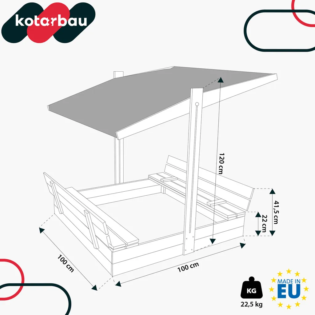 KOTARBAU® Sabbiera con copertura 100 x 100 cm Grande sabbiera in legno di colore naturale con tetto grigio sabbiera con copertura sabbiera con tetto giocattolo da giardino per bambini impregnata chiudibile a chiave con panchine - 3