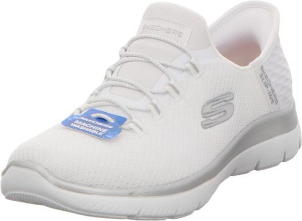 A white Skechers sneaker with silver accents is shown against a white background.