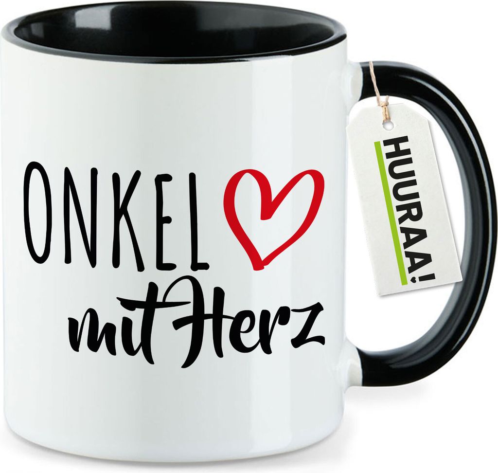 Huuraa Kaffeetasse Onkel mit Herz 330ml Schwarz Keramik Kaffeebecher Geschenkidee