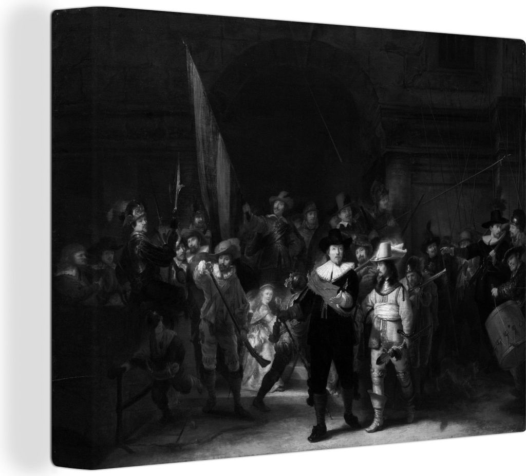 MuchoWow - Leinwandbilder - Die Nachtwache - Gemälde von Rembrandt van Rijn - schwarz und weiß, Wandbild, Wanddeko Bilder Wohnzimmer, 40x30 cm