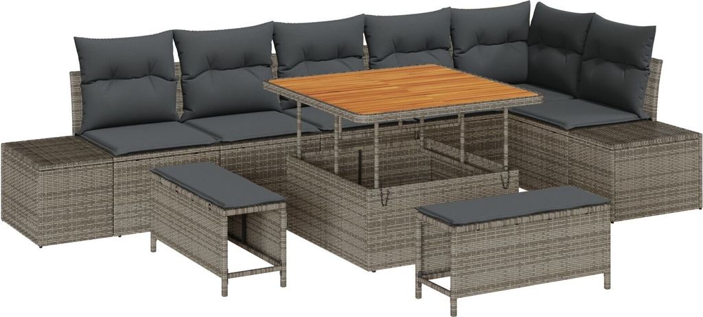 Möbel 9-teiliges Garten-Sofa-Set mit Kissen Grau Poly-Rattan Akazie, 2-Sitzer Garten-Sofa mit Kissen Grau Poly-Rattan, 3-teiliges Garten-Dining-Se...