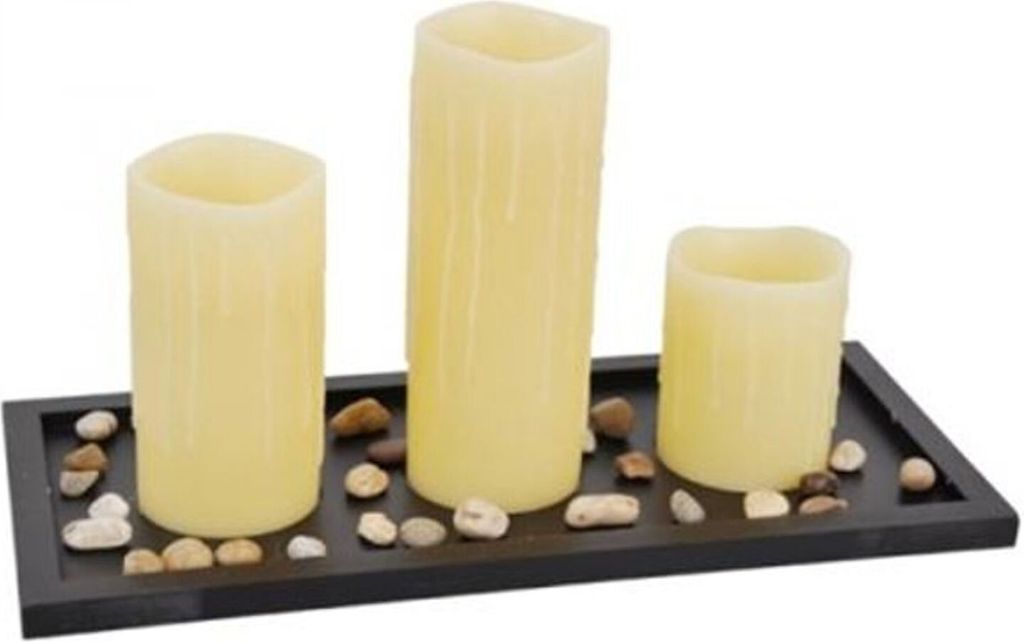 LED-Kerzen 3er-Set auf Tablett mit Dekosteine Wachskerzen Stumpenkerze Vanille