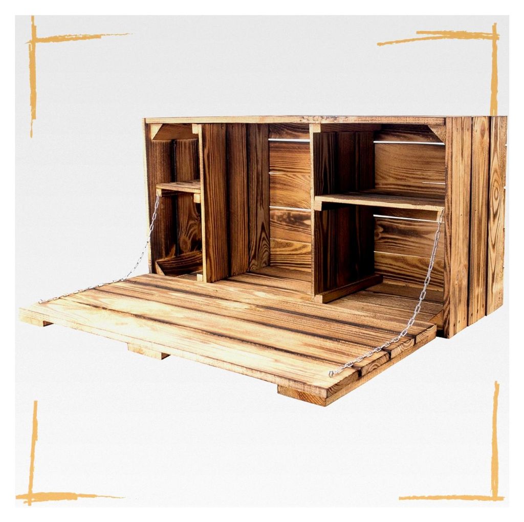 Wand-Hängebar mit integrierter Arbeitsplatte und Holztruhe, geflammt, 81x41x31cm