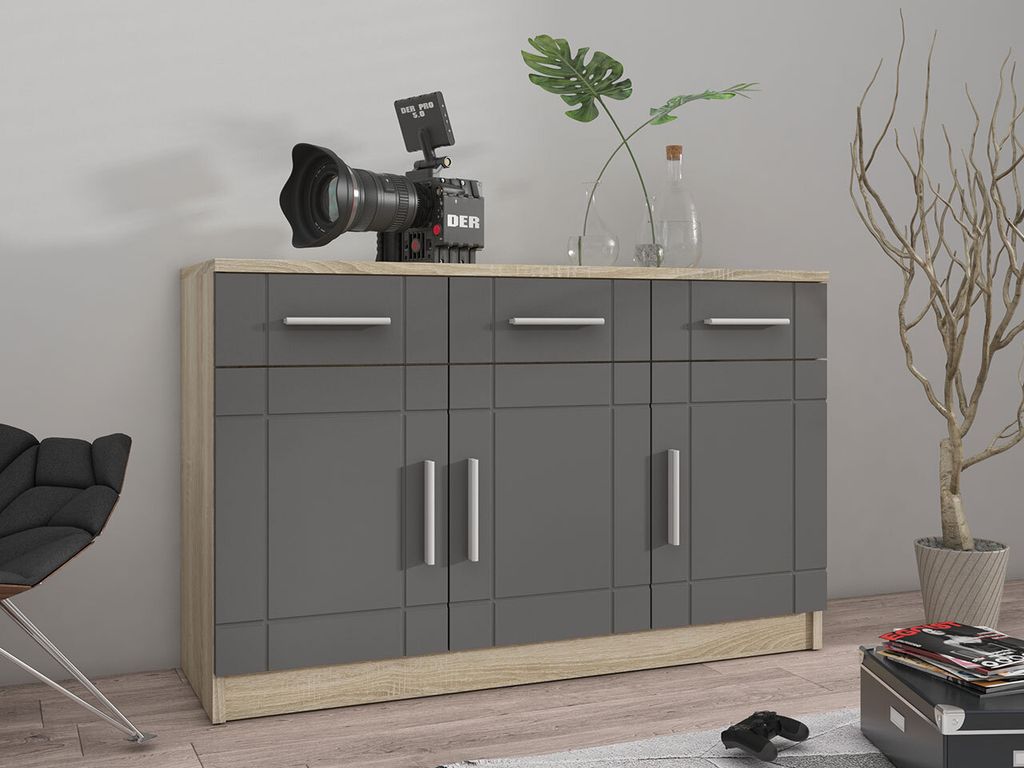 MIRJAN24 Kommode Paris 3F3S, Klassisch Wohnzimmer Kolektion, Modern Highboard, Stilvoll Sideboard (Farbe: Sonoma Eiche / Graphit)