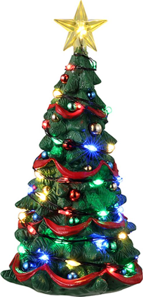 A decorative Christmas tree with lights and ornaments.