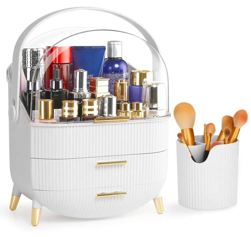 Boîte maquillage anti-poussière blanche avec grand support pour pinceaux