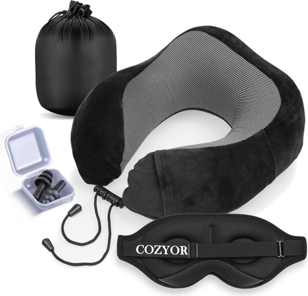 COZYOR Reiseset 3-tlg: Ohrstöpsel + Schlafmaske + Nackenkissen, kuschelig weich & kompakt, verstellbares Nackenhörnchen Memory Foam, Augenmaske 1...
