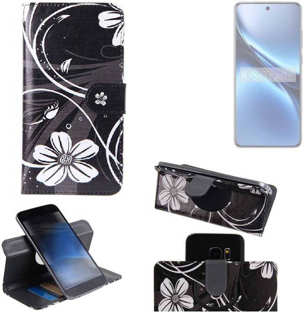 K-S-Trade Schutzhülle Handyhülle kompatibel mit Vivo X200 Hülle 360° Wallet Case “Flowers“ Klapphülle Hülle schwarz-weiß 1x