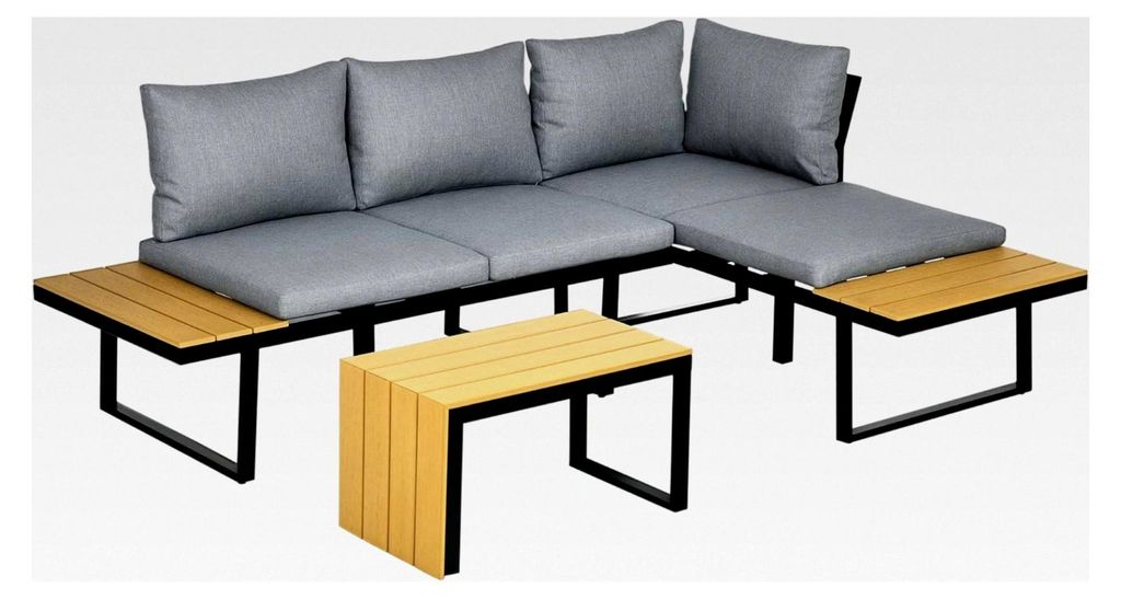 3-teiliges Gartenmöbel-Set, Balkonmöbel mit Sitzkissen, Gartenlounge-Set mit Doppelsofa, Ecksofa und Couchtisch, für Balkon und Terrasse, Alumin...