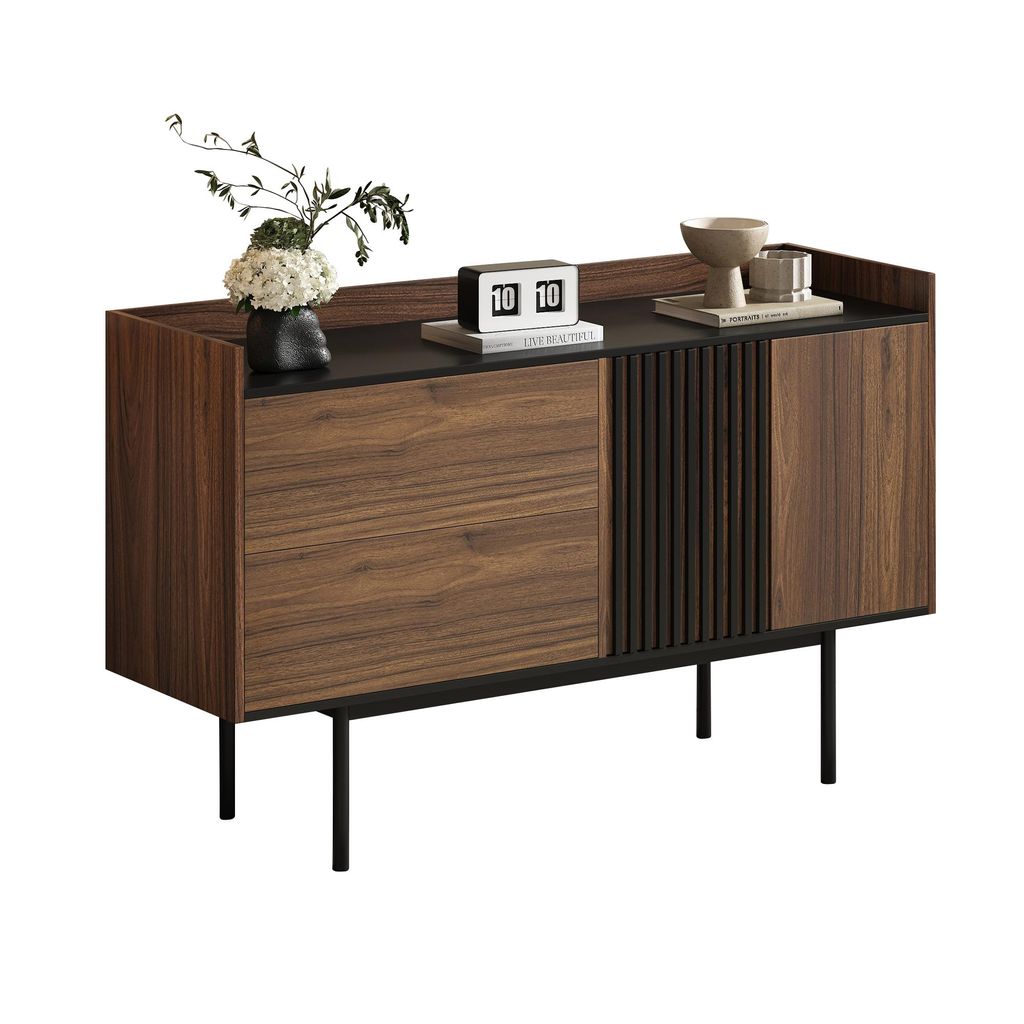 AIORBER Modernes Sideboard Kommode Wohnzimmer Esszimmer mit 2 Schubladen, verstellbarem Regal, viel Stauraum, minimalistisch, Nussbaum+Schwarz