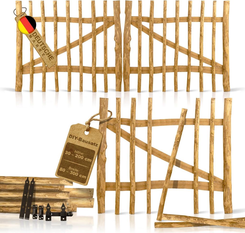 Gartentor Holz Bausatz - Breite 120 x Höhe 60 cm Lattenabstand 7-9cm - Haselnuss - aus 150 Größen wählbar