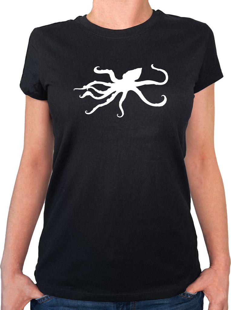 Huuraa Damen T-Shirt Oktopus Silhouette XS Black Bio Baumwolle Fairtrade Damenshirt Geschenkidee