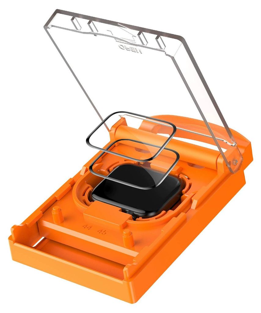 An orange installation jig with a black screen protector and a clear lid.