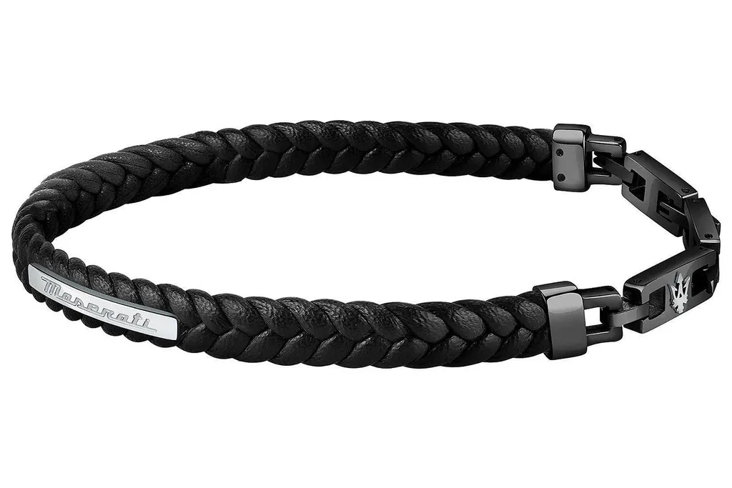 Bracelet Maserati en Cuir Noir Recyclé et Acier Inoxydable Homme