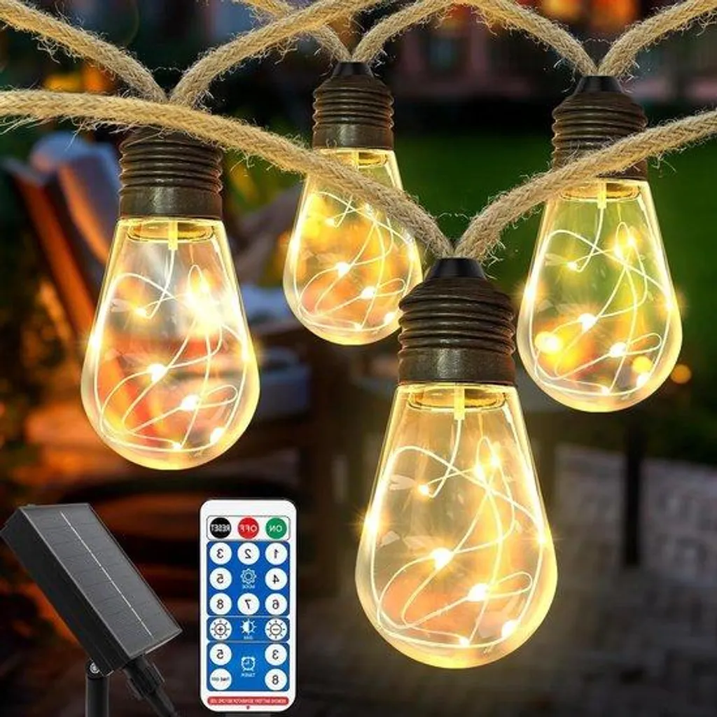 Guirlande solaire 6 m en corde de chanvre, 16 ampoules LED étanches IP65